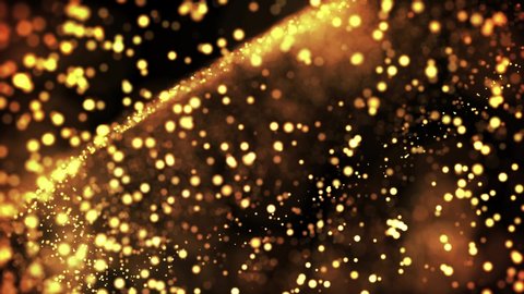 gold particles in liquid float and glisten. Background with glittering golden particles depth of field and bokeh. Luma matte to cut out glowing particles for holiday presentations. 4k 3d animation. 30