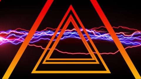 Digital animation of colorful lightning moving in the screen with circular and triangular patterns appearing in the screen with a solid orange rectangle against a black background in the end