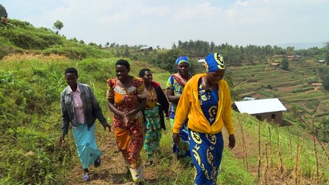NYAGATERE, Rwanda - 12 30 2018: NYAGATERE, RWANDA, 5 February, 2018 : African women singing and dancing in a field at the time of harvest