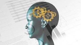 Digital animation of a digital human with gears and cogs running on its head on a background with statistics and graphs - Powered by Shutterstock - Get 15% off with code: PIKWIZARD15