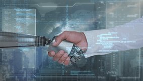 Digital composite of a robotic hand and human hand holding each other with a background of a digital interface with a globe and program codes in the foreground. - Powered by Shutterstock - Get 15% off with code: PIKWIZARD15