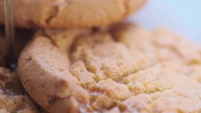 Close up footage of home made brown chocolate cookies.  Selective focus. Panning to the left.