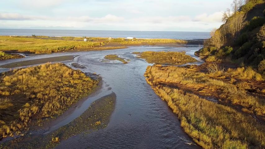 Scenic aerial drone view of grasslands and Cook Inlet flowing towards the Pacific Ocean in Deep Creek State Park in Ninilchik, Alaska