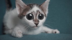 Funny surprised cat with big eyes. Curious kitten is shocked and playing lovely. Comic pet, animal video. 