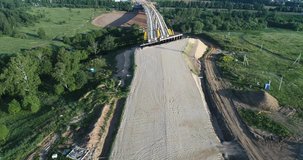 Aerial video of the Central Ring Road, Construction of the New Bridge over Mocha river, Moscow Oblast, Podolsk region, Russia