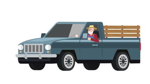Flat cartoon isolated man farmer character driving a blue vehicle pickup truck old car animation 