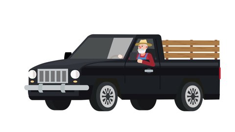 Flat cartoon isolated man farmer character driving a black vehicle pickup truck old car animation 