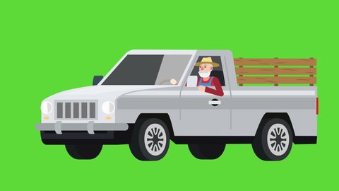 Flat cartoon isolated man farmer character driving a white vehicle pickup truck old car animation 