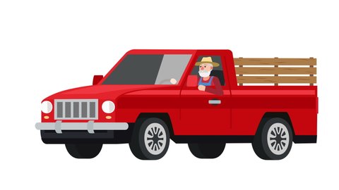 Flat cartoon isolated man farmer character driving a red vehicle pickup truck old car animation 