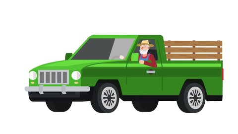 Flat cartoon isolated man farmer character driving a green vehicle pickup truck old car animation 