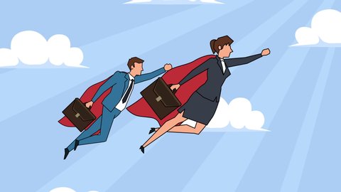 Flat cartoon businesswoman and businessman characters flying superhero team concept animation