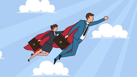 Flat cartoon businessman and businesswoman characters flying superhero team concept animation