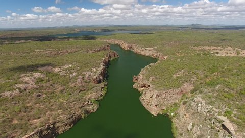 Olho D'água do Casado, Alagoas / Brazil - 05/31/2019:Aerial view of Xingó Canyon, flooded by the waters of São Francisco River, Xingó Dam reservoir