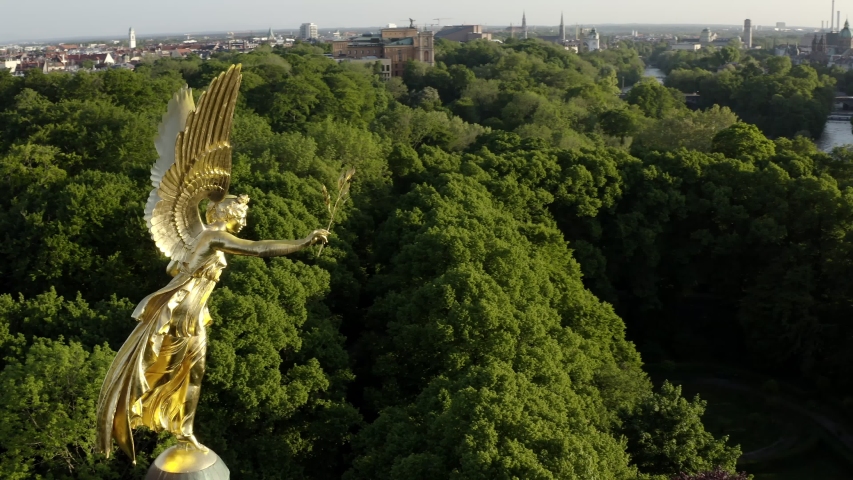 Angel of Peace (Friedensengel) in Munich Germany with Frauenkirche aerial