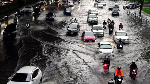 Bangkok, Thailand - June 7, 2019 : The flood on Vibhavadi-Rangsit road after heavy rain  in Bangkok, Thailand