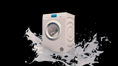 Abstract 3d model of white washing machine with electronic panel rotating on the black background in white splashes. Animation. Kitchen appliances