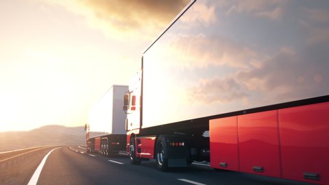 A convoy of semi trucks drives passed the camera on a highway into the sunset. Realistic high quality 3d animation.