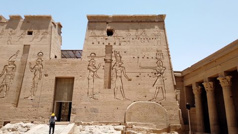 Aswan, Egypt - 2019-04-28 - Philae Temple - Entrance is Protected by Giant Stone Carvings.