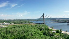 Aerial view of North Bridge in Kyiv Ukraine at sunny summer day