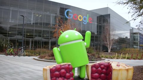Mountain View, CA / United States - 12 15 2018: Statue of Google's Android mascot at the Googleplex in Silicon Valley