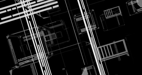 An abstract animation of a scene with a black background and geometric figures in white.