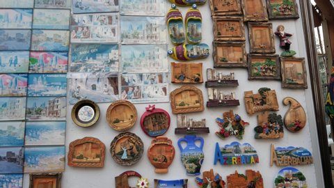 Baku, Azerbaijan - 02 10 2018: Baku, Azerbaijan: 10 FEB 18 - Close up shot of tourist magnets for sale in a gift store in Baku, Azerbaijan