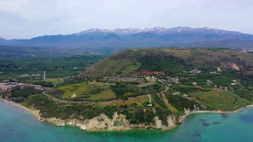 Aerial drone video of famous Ottoman fortified old castle of Intzentin used as political prison, Chania, Crete island, Greece
