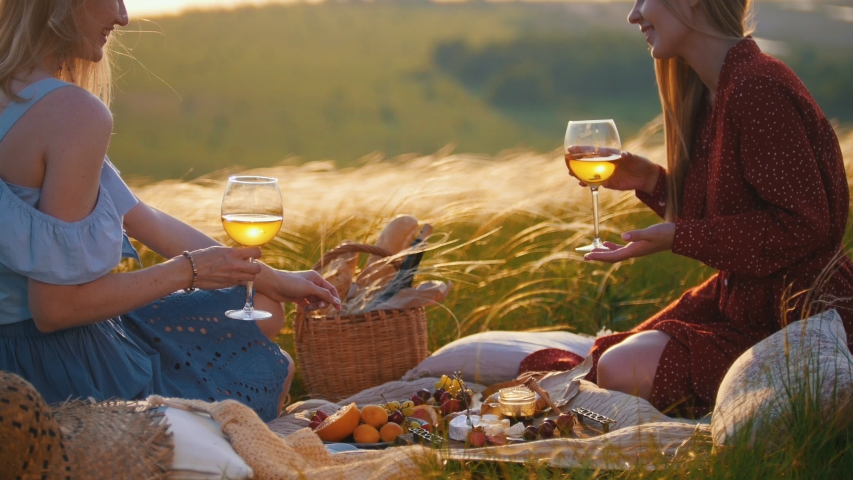 Two beautiful women sitting on the field and drinking wine