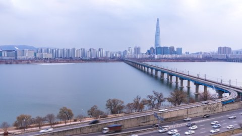 Time lapse Seoul Subway and Seoul City Skyline at Han river Seoul, South korea