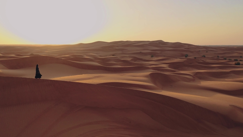 Aerial view from a drone flying next to a woman in abaya United Arab Emirates traditional dress walking on the dunes in the desert of the Empty Quarter. Abu Dhabi, UAE. Royalty-Free Stock Footage #1031054006