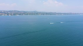 Aerial video with drone, the movement of boats on the water.
