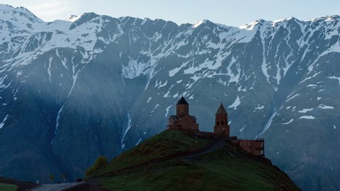 time-lapse in the mountains of Georgia, the church of the Holy Trinity in Gergeti