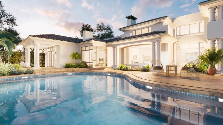 Expensive private villa. Swimming pool in a private house. Luxury villa with swimming pool. 3d render Royalty-Free Stock Footage #1031059979