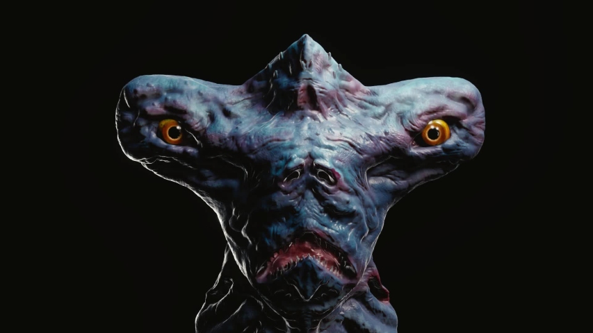 3d animation of alien shark sea creature angry emotions on black background. Head close up view.