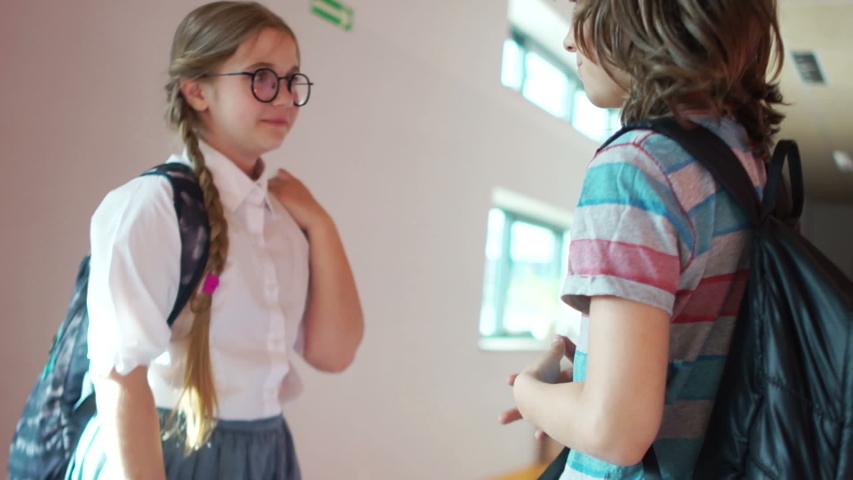 Two friends talking in school corridor at break time. The girl is wearing a white shirt, wears glasses and cute pigtails
