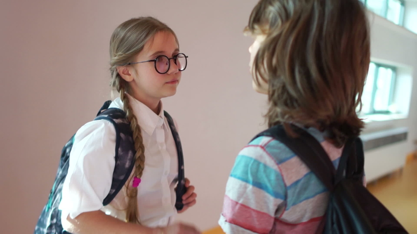 Beautiful schoolgirl with glasses and two cute pigtails and a backpack talking in the school hallway with a classmate. Back to school