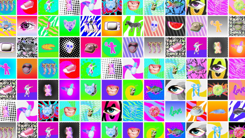 Seamless crazy animation of random printed psychedelic squares with vibrant colors.Creative backdrop art collage grid of slides. Contemporary art collage. Royalty-Free Stock Footage #1031076020