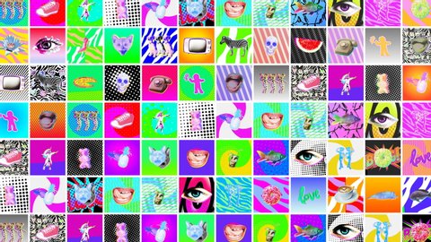 Seamless crazy animation of random printed psychedelic squares with vibrant colors.Creative backdrop art collage grid of slides. Contemporary art collage.