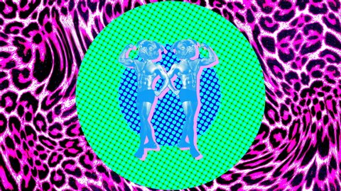 Young animation of cartoon style slides of images with duotono colors and halftone effect with pink leopard. Stop motion minimal contemporary photo montage nonsense art collage background.