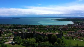 Aerial video with drone on Padenghe Castle, Lake Garda, Italy.
