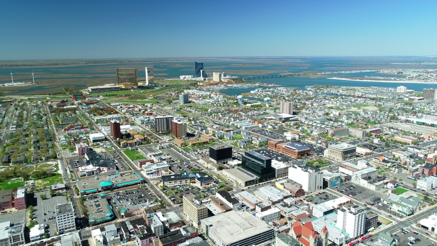 AERIAL VIEW OF ATLANTIC CITY BOARDWALK AND STEEL PIER. NEW JERSEY. USA.
