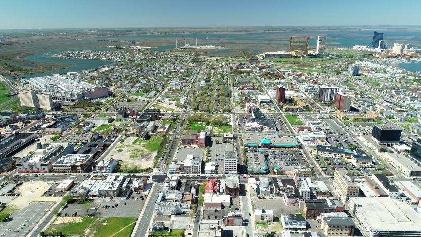 AERIAL VIEW OF ATLANTIC CITY BOARDWALK AND STEEL PIER. NEW JERSEY. USA.
