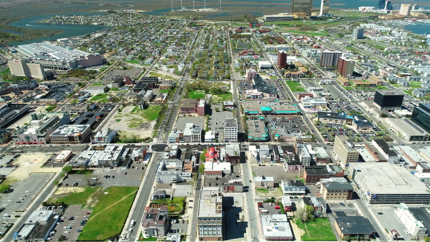 AERIAL VIEW OF ATLANTIC CITY BOARDWALK AND STEEL PIER. NEW JERSEY. USA.