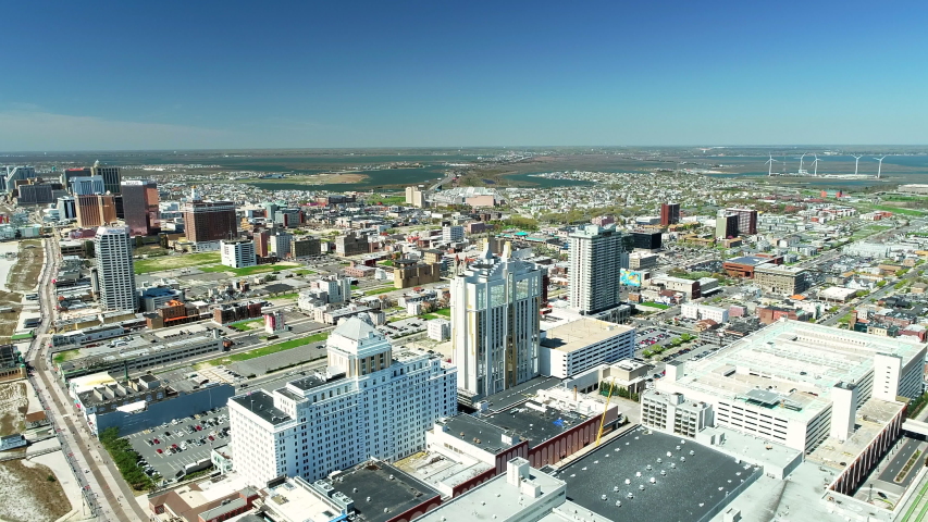 AERIAL VIEW OF ATLANTIC CITY BOARDWALK AND STEEL PIER. NEW JERSEY. USA.