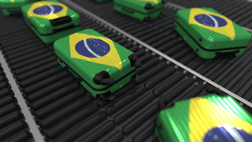 Many travel suitcases featuring flag of Brazil
