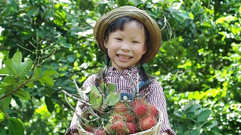 ittle asian girl holding rambutan fruit basket and smile at camera,slow motion.