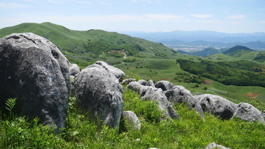 View of rocky hill and sky in Fukuoka prefecture, JAPAN. It is Hiraodai of karst plateau. without sounds