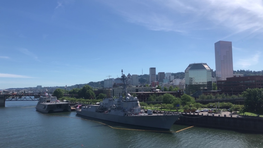 U.S. Navy ships in Willamette River during Rose Festival Fleet Week in downtown Portland Oregon.