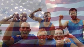 Digital composite of diverse team of American athletes celebrating with an american flag waving in the foreground - Powered by Shutterstock - Get 15% off with code: PIKWIZARD15