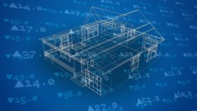Digital animation of an illustration of a house construction plan with stock market numbers in the foreground - Powered by Shutterstock - Get 15% off with code: PIKWIZARD15